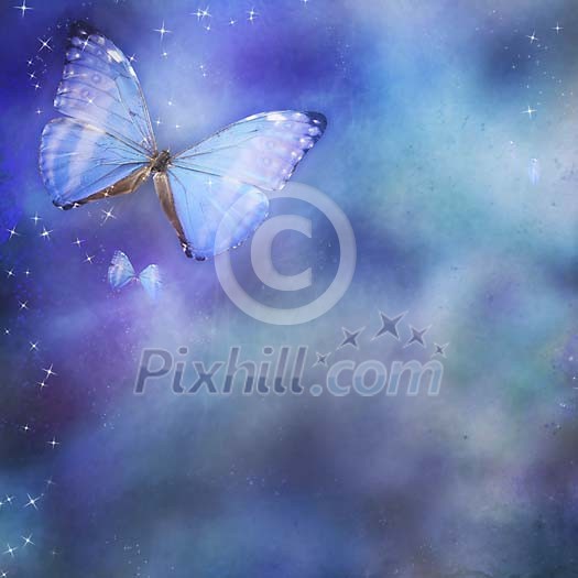 Blue background with sparkles and butterflies Blue background with sparkles and butterflies