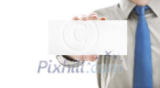 Man showing an empty business card Man showing an empty business card