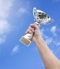 Hand holding a trophy against a blue sky