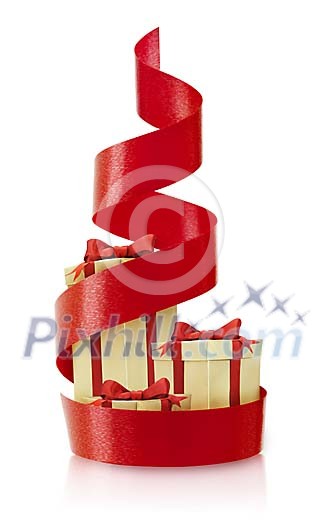 Clipped christmas gifts with tree shaped red ribbon Clipped christmas gifts with tree shaped red ribbon