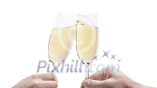 Clipped hands holding champagne glasses