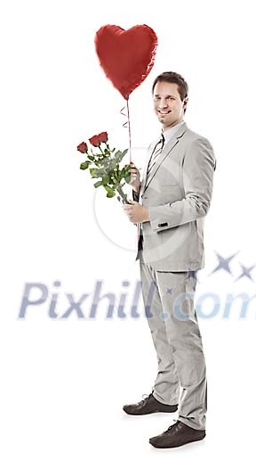 Clipped man holding roses and a heart shaped balloon Clipped man holding roses and a heart shaped balloon
