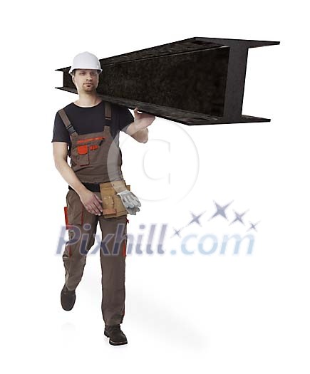 Clipped builder carrying a metal bar Clipped builder carrying a metal bar