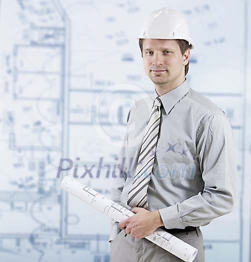 Man in front of a huge blueprint Man in front of a huge blueprint