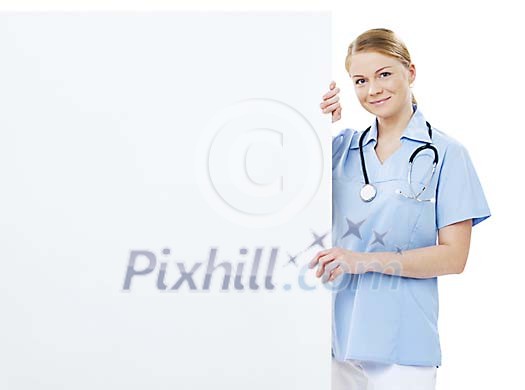 Clipped nurse/doctor holding an empty poster Clipped nurse/doctor holding an empty poster
