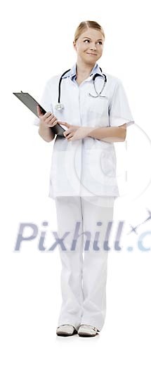 Clipped female doctor standing with notes Clipped female doctor standing with notes