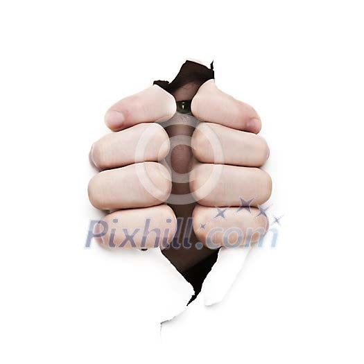 Man peepin through hole in the paper Man peepin through hole in the paper