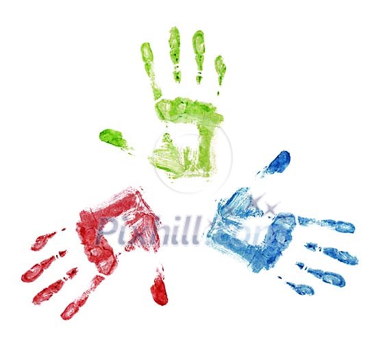 Three different coloured handprints on a white background Three different coloured handprints on a white background