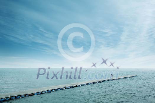 People walking on a very long pier People walking on a very long pier