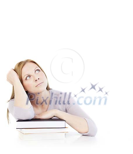 Woman sitting with books and thinking Woman sitting with books and thinking