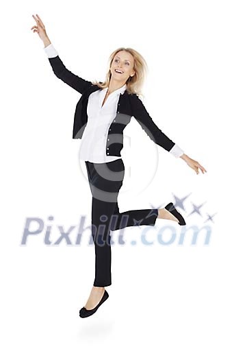 Clipped businesswoman jumping in the air Clipped businesswoman jumping in the air