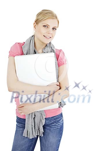 Clipped woman holding a closed laptop Clipped woman holding a closed laptop