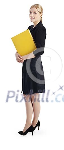 Clipped businesswoman holding a yellow folder Clipped businesswoman holding a yellow folder