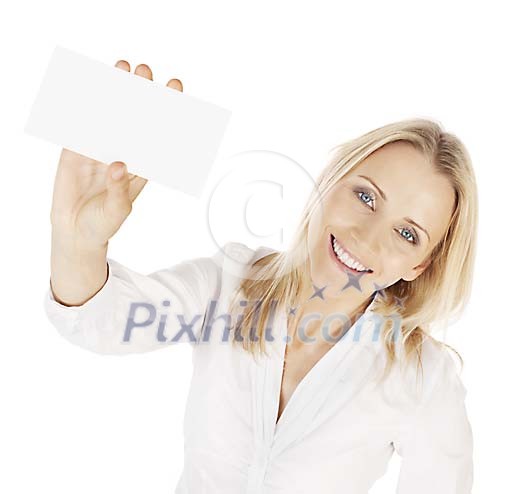 Clipped woman showing an empty card Clipped woman showing an empty card