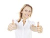 Woman holding both thumbs up towards camera