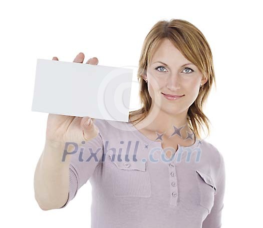 Woman showing an empty businesscard Woman showing an empty businesscard