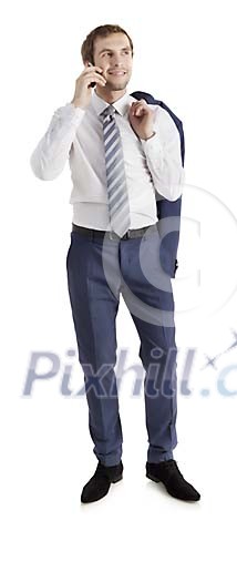 Man wearing suit sepaking to mobile, hand made clipping path included Man wearing suit sepaking to mobile, hand made clipping path included