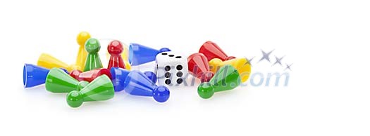 Different coloured game pieces with a white dice Different coloured game pieces with a white dice