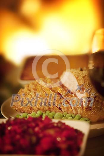 Sliced ham on a christmas dinner table Sliced ham on a christmas dinner table