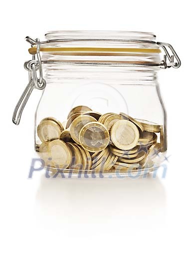 Clipped jar with euro coins in it Clipped jar with euro coins in it