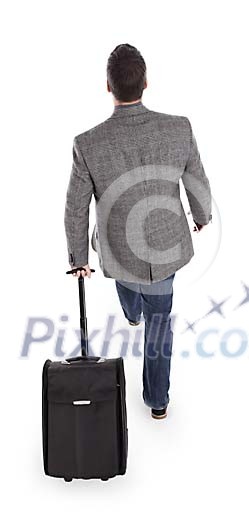 Clipped man with a suitcase walking away Clipped man with a suitcase walking away