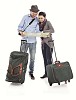 Clipped couple with suitcases looking at the map