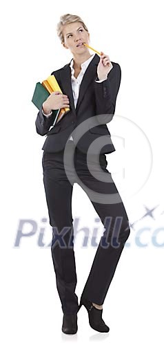 Clipped businesswoman standing and holding books Clipped businesswoman standing and holding books