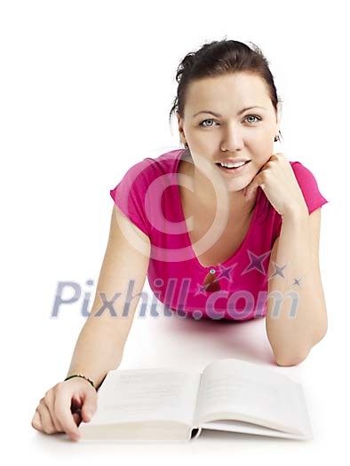 Clipped woman on the floor with a book Clipped woman on the floor with a book
