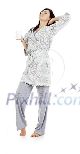 Isolated woman holding a cup and stretching Isolated woman holding a cup and stretching