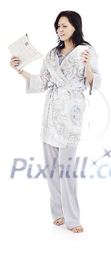 Isolated standing woman reading newspaper Isolated standing woman reading newspaper
