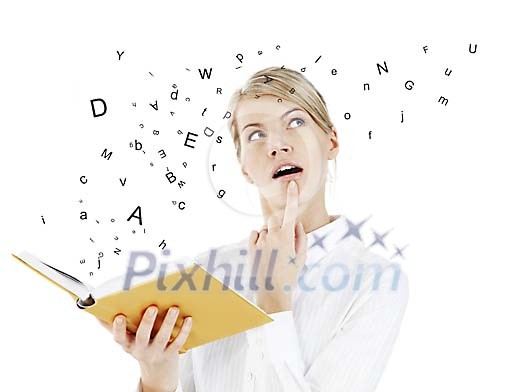 Woman with a book where letters are flying off Woman with a book where letters are flying off