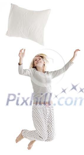 Isolated woman jumping in the air in the morning