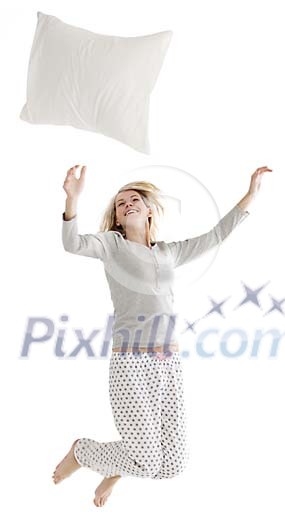 Isolated woman jumping in the air in the morning Isolated woman jumping in the air in the morning