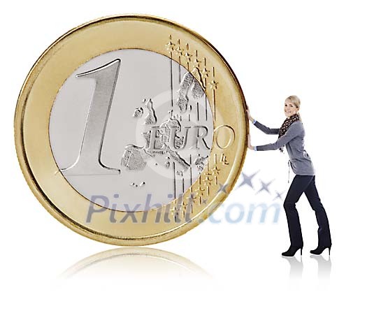 Female pushing oversized 1 euro coin Female pushing oversized 1 euro coin