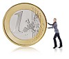 Female pushing oversized 1 euro coin