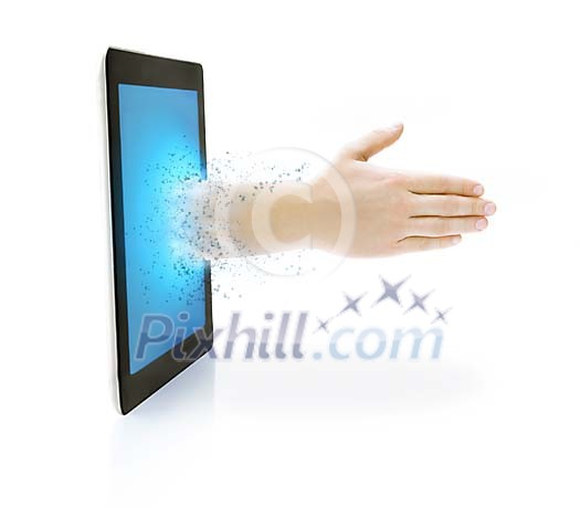 Hand coming out of the tablet screen Hand coming out of the tablet screen