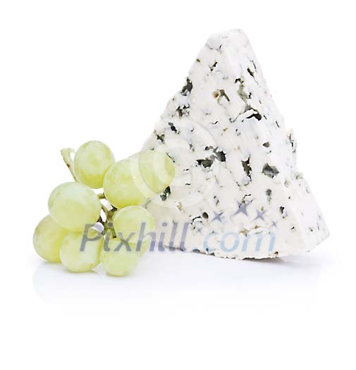 Isolated slice of blue cheese with greips Isolated slice of blue cheese with greips