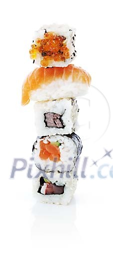 Isolated tower made of sushi Isolated tower made of sushi