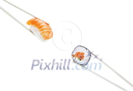 Isolated sushi pieces with chopsticks Isolated sushi pieces with chopsticks
