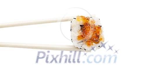 Isolated piece of sushi with chopsticks Isolated piece of sushi with chopsticks