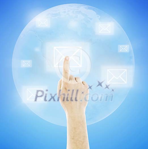 Human hand touching envelope on a touchscreen wall Human hand touching envelope on a touchscreen wall