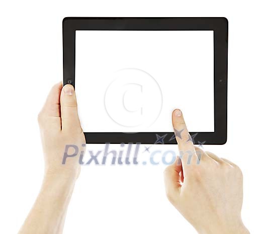 Isolated hands holding a tablet computer Isolated hands holding a tablet computer
