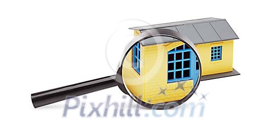 Isolated house looked through a magnifying glass Isolated house looked through a magnifying glass