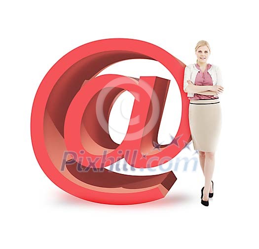 Isolated woman standing next to a huge at sign Isolated woman standing next to a huge at sign