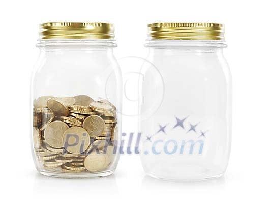 Isolated glass jars, one with coins Isolated glass jars, one with coins