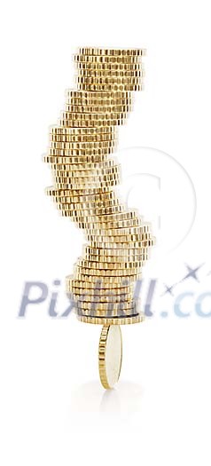 Isolated stack of coins balanced on a single coin Isolated stack of coins balanced on a single coin