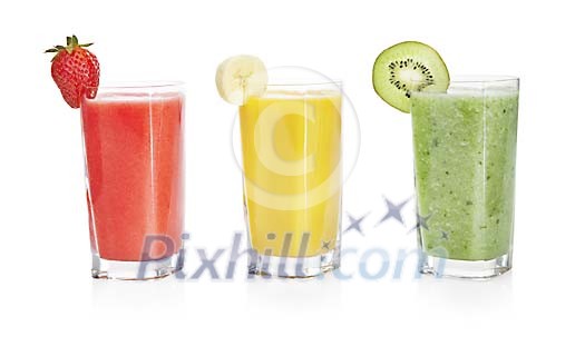 Isolated glasses of strawberry, banana and kiwi smoothies Isolated glasses of strawberry, banana and kiwi smoothies