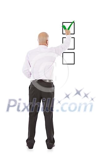 Man standing and checking the box Man standing and checking the box