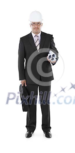Male engineer with briefcase and plans watching to camera Male engineer with briefcase and plans watching to camera