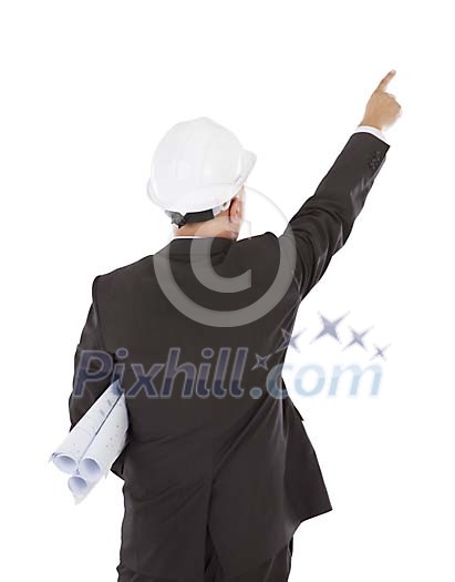 Male professional holding a bunch of plans and pointing forward Male professional holding a bunch of plans and pointing forward
